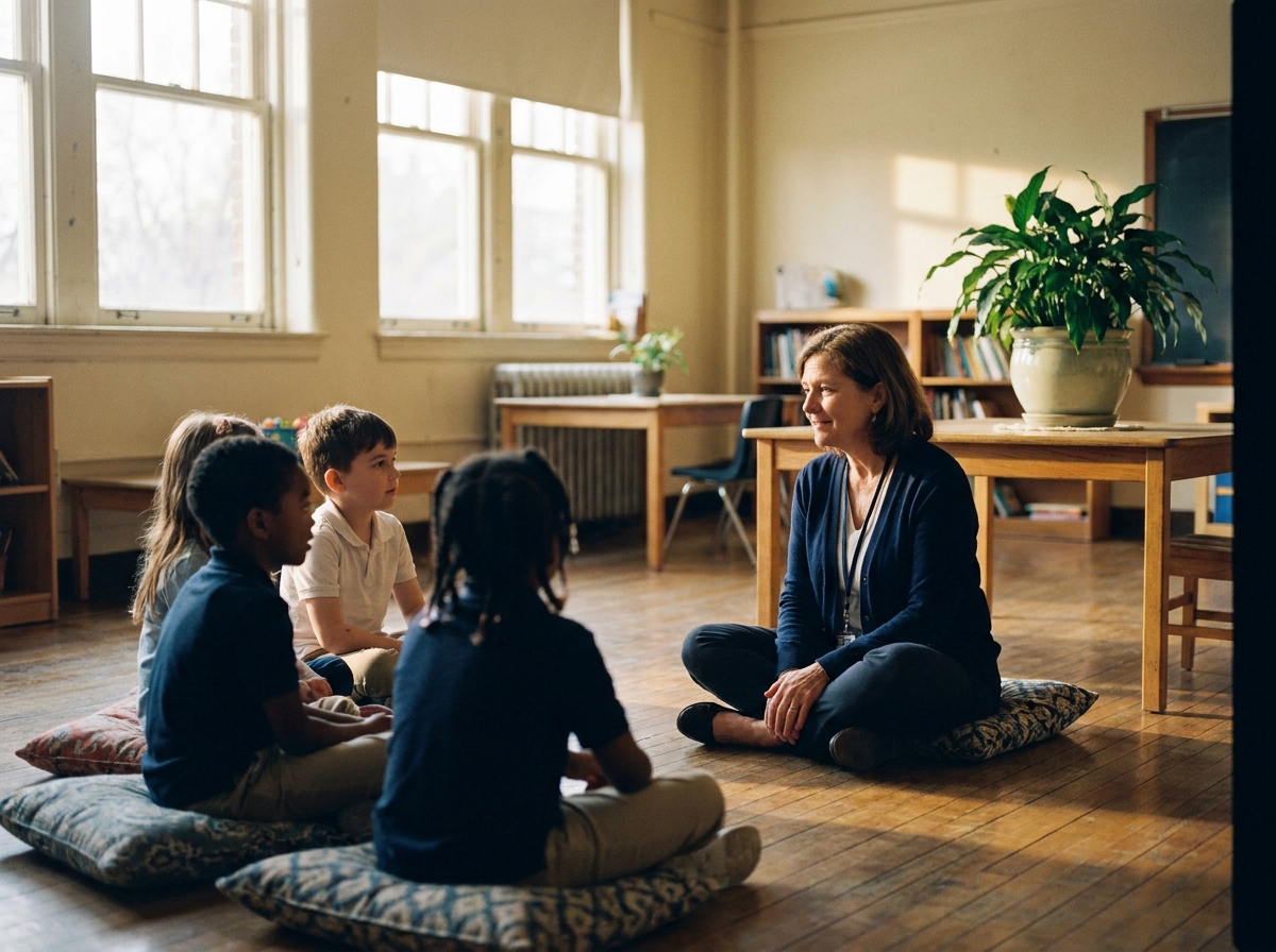A school counselor sitting in a circle with children in a warm, sunlit classroom