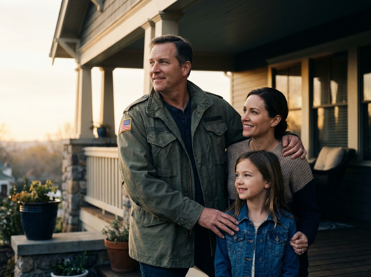 A veteran embraced by his wife and daughter on their front porch in morning light