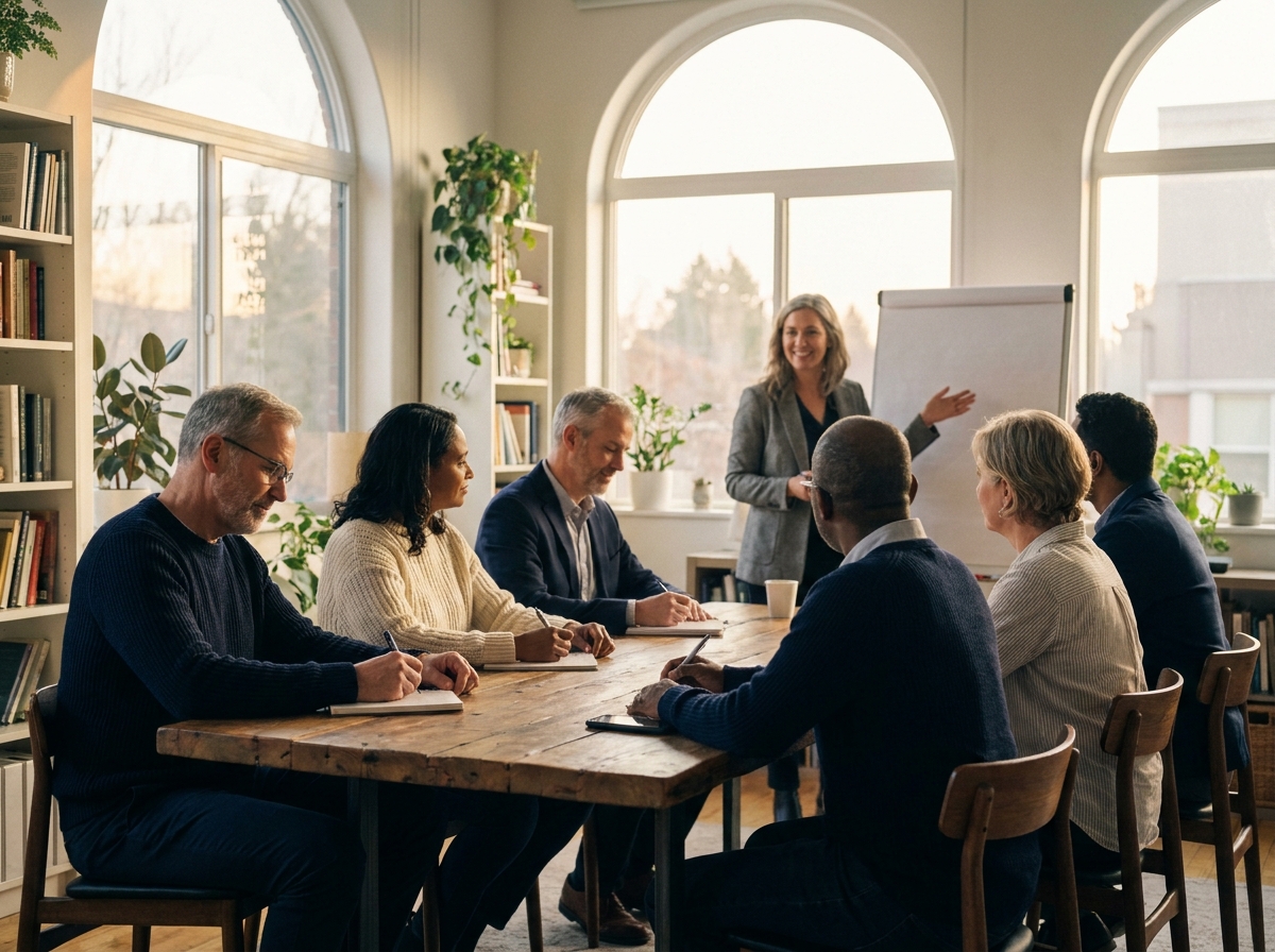 Clinicians collaborating around a table in a sunlit training room